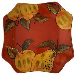 Hand-Painted Square Serving Plate 11"x11" Red Ceramic Fruit Design Apple Pear